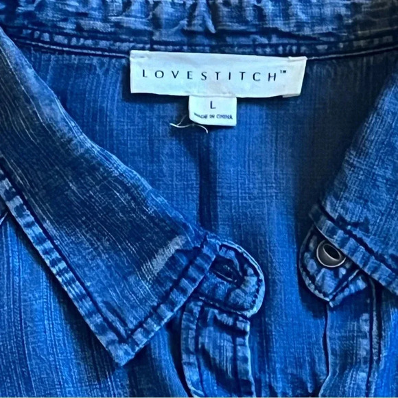 Love Stitch Dark Wash Blue Button Down Long Sleeve Denim Shirt | Size Large - Picture 10 of 12